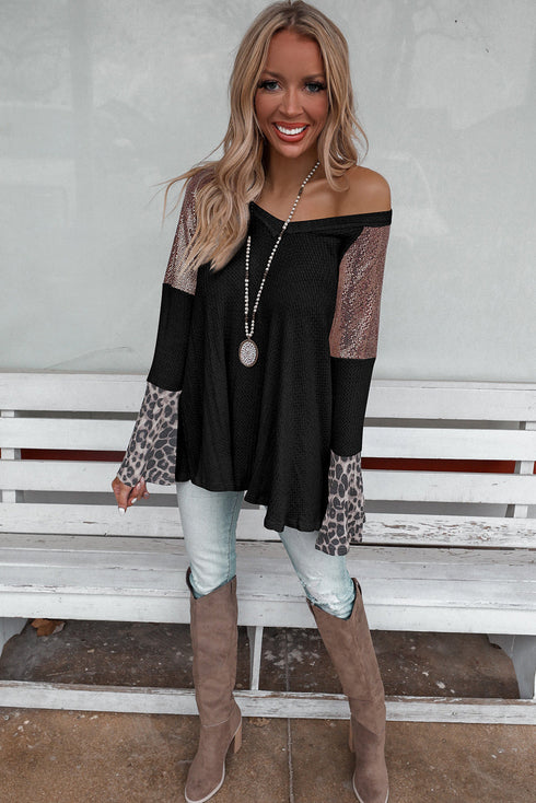 Sequin Patchwork Bell Sleeve V Neck Tunic Top